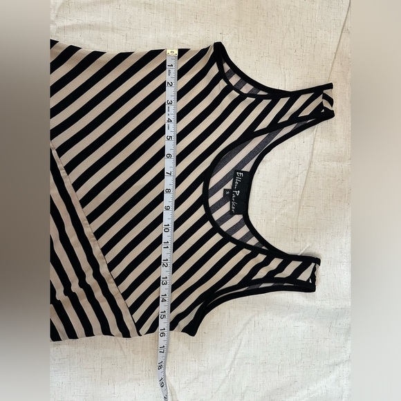 Ellen Parker dress sleeveless stretchy white/black stripes sheer black trim - Picture 5 of 13